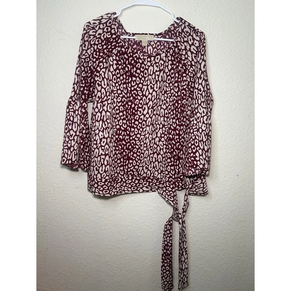 Michael Kors Maroon Animal Pring Long Bell Sleeve Women's Top Large Sheer Dinner